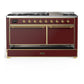 ILVE Majestic III 60-Inch Dual Fuel Range with 9 Sealed Burners + Griddle, 5.8 cu. ft. Oven, Burgundy with Brass Trim, Natural Gas, Solid Door, UM60FQNR3BUG