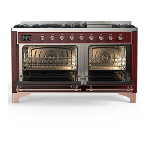ILVE Majestic III 60-Inch Dual Fuel Range with 9 Sealed Burners + Griddle, 5.8 cu. ft. Oven, Burgundy with Copper Trim, Liquid Propane, Solid Door, UM60FQNR3BUPLP