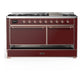 ILVE Majestic III 60-Inch Dual Fuel Range with 9 Sealed Burners + Griddle, 5.8 cu. ft. Oven, Burgundy with Copper Trim, Liquid Propane, Solid Door, UM60FQNR3BUPLP