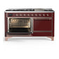 ILVE Majestic III 60-Inch Dual Fuel Range with 9 Sealed Burners + Griddle, 5.8 cu. ft. Oven, Burgundy with Copper Trim, Natural Gas, Solid Door, UM60FQNR3BUP