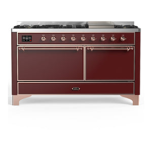 ILVE Majestic III 60-Inch Dual Fuel Range with 9 Sealed Burners + Griddle, 5.8 cu. ft. Oven, Burgundy with Copper Trim, Natural Gas, Solid Door, UM60FQNR3BUP