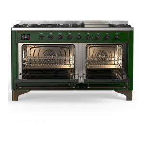 ILVE Majestic III 60-Inch Dual Fuel Range with 9 Sealed Burners + Griddle, 5.8 cu. ft. Oven, Emerald Green with Burnished Trim, Natural Gas, Solid Door, UM60FQNR3EGB