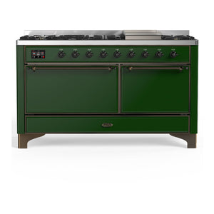ILVE Majestic III 60-Inch Dual Fuel Range with 9 Sealed Burners + Griddle, 5.8 cu. ft. Oven, Emerald Green with Burnished Trim, Natural Gas, Solid Door, UM60FQNR3EGB