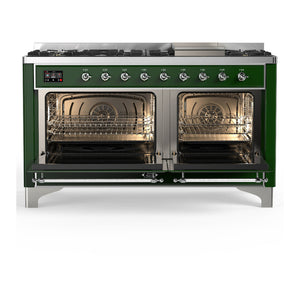 ILVE Majestic III 60-Inch Dual Fuel Range with 9 Sealed Burners + Griddle, 5.8 cu. ft. Oven, Emerald Green with Chrome Trim, Liquid Propane, Solid Door, UM60FQNR3EGCLP