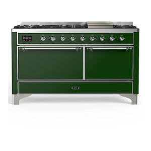 ILVE Majestic III 60-Inch Dual Fuel Range with 9 Sealed Burners + Griddle, 5.8 cu. ft. Oven, Emerald Green with Chrome Trim, Liquid Propane, Solid Door, UM60FQNR3EGCLP