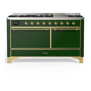 ILVE Majestic III 60-Inch Dual Fuel Range with 9 Sealed Burners + Griddle, 5.8 cu. ft. Oven, Emerald Green with Brass Trim, Natural Gas, Solid Door, UM60FQNR3EGG