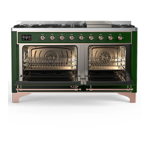 ILVE Majestic III 60-Inch Dual Fuel Range with 9 Sealed Burners + Griddle, 5.8 cu. ft. Oven, Emerald Green with Copper Trim, Natural Gas, Solid Door, UM60FQNR3EGP