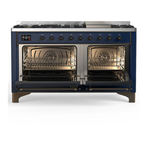 ILVE Majestic III 60-Inch Dual Fuel Range with 9 Sealed Burners + Griddle, 5.8 cu. ft. Oven, Mightnight Blue with Burnished Trim, Liquid Propane, Solid Door, UM60FQNR3MBBLP