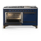 ILVE Majestic III 60-Inch Dual Fuel Range with 9 Sealed Burners + Griddle, 5.8 cu. ft. Oven, Mightnight Blue with Burnished Trim, Liquid Propane, Solid Door, UM60FQNR3MBBLP