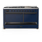 ILVE Majestic III 60-Inch Dual Fuel Range with 9 Sealed Burners + Griddle, 5.8 cu. ft. Oven, Mightnight Blue with Burnished Trim, Liquid Propane, Solid Door, UM60FQNR3MBBLP