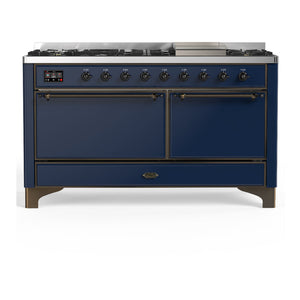 ILVE Majestic III 60-Inch Dual Fuel Range with 9 Sealed Burners + Griddle, 5.8 cu. ft. Oven, Mightnight Blue with Burnished Trim, Liquid Propane, Solid Door, UM60FQNR3MBBLP