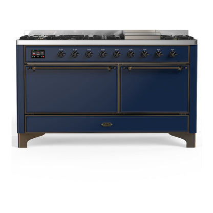 ILVE Majestic III 60-Inch Dual Fuel Range with 9 Sealed Burners + Griddle, 5.8 cu. ft. Oven, Mightnight Blue with Burnished Trim, Natural Gas, Solid Door, UM60FQNR3MBB