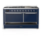 ILVE Majestic III 60-Inch Dual Fuel Range with 9 Sealed Burners + Griddle, 5.8 cu. ft. Oven, Mightnight Blue with Chrome Trim, Liquid Propane, Solid Door, UM60FQNR3MBCLP