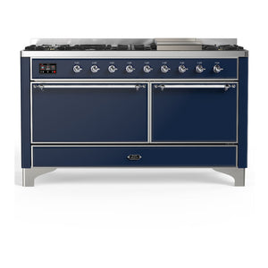 ILVE Majestic III 60-Inch Dual Fuel Range with 9 Sealed Burners + Griddle, 5.8 cu. ft. Oven, Mightnight Blue with Chrome Trim, Liquid Propane, Solid Door, UM60FQNR3MBCLP