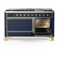 ILVE Majestic III 60-Inch Dual Fuel Range with 9 Sealed Burners + Griddle, 5.8 cu. ft. Oven, Mightnight Blue with Brass Trim, Liquid Propane, Solid Door, UM60FQNR3MBGLP
