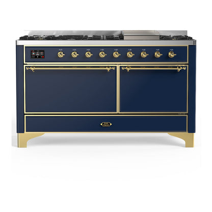 ILVE Majestic III 60-Inch Dual Fuel Range with 9 Sealed Burners + Griddle, 5.8 cu. ft. Oven, Mightnight Blue with Brass Trim, Liquid Propane, Solid Door, UM60FQNR3MBGLP