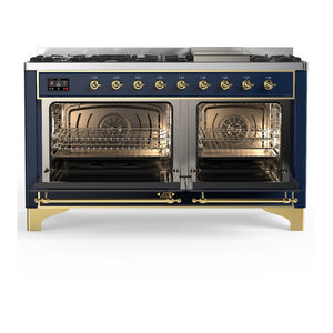 ILVE Majestic III 60-Inch Dual Fuel Range with 9 Sealed Burners + Griddle, 5.8 cu. ft. Oven, Mightnight Blue with Brass Trim, Natural Gas, Solid Door, UM60FQNR3MBG