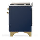 ILVE Majestic III 60-Inch Dual Fuel Range with 9 Sealed Burners + Griddle, 5.8 cu. ft. Oven, Mightnight Blue with Brass Trim, Natural Gas, Solid Door, UM60FQNR3MBG