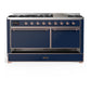 ILVE Majestic III 60-Inch Dual Fuel Range with 9 Sealed Burners + Griddle, 5.8 cu. ft. Oven, Mightnight Blue with Copper Trim, Liquid Propane, Solid Door, UM60FQNR3MBPLP