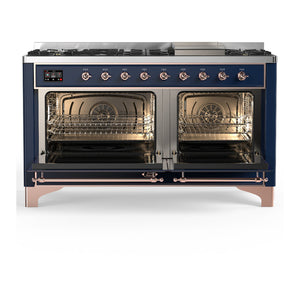 ILVE Majestic III 60-Inch Dual Fuel Range with 9 Sealed Burners + Griddle, 5.8 cu. ft. Oven, Mightnight Blue with Copper Trim, Natural Gas, Solid Door, UM60FQNR3MBP