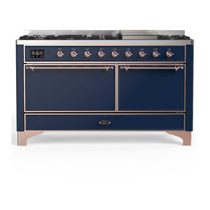 ILVE Majestic III 60-Inch Dual Fuel Range with 9 Sealed Burners + Griddle, 5.8 cu. ft. Oven, Mightnight Blue with Copper Trim, Natural Gas, Solid Door, UM60FQNR3MBP