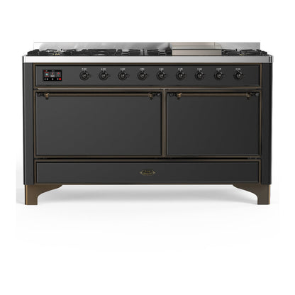 ILVE Majestic III 60-Inch Dual Fuel Range with 9 Sealed Burners + Griddle, 5.8 cu. ft. Oven, Matte Graphite with Burnished Trim, Liquid Propane, Solid Door, UM60FQNR3MGBLP