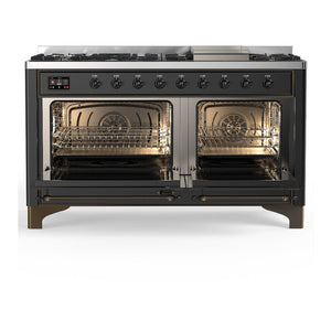 ILVE Majestic III 60-Inch Dual Fuel Range with 9 Sealed Burners + Griddle, 5.8 cu. ft. Oven, Matte Graphite with Burnished Trim, Natural Gas, Solid Door, UM60FQNR3MGB