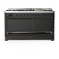 ILVE Majestic III 60-Inch Dual Fuel Range with 9 Sealed Burners + Griddle, 5.8 cu. ft. Oven, Matte Graphite with Burnished Trim, Natural Gas, Solid Door, UM60FQNR3MGB