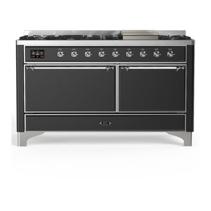 ILVE Majestic III 60-Inch Dual Fuel Range with 9 Sealed Burners + Griddle, 5.8 cu. ft. Oven, Matte Graphite with Chrome Trim, Liquid Propane, Solid Door, UM60FQNR3MGCLP