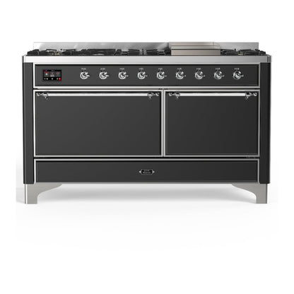 ILVE Majestic III 60-Inch Dual Fuel Range with 9 Sealed Burners + Griddle, 5.8 cu. ft. Oven, Matte Graphite with Chrome Trim, Natural Gas, Solid Door, UM60FQNR3MGC