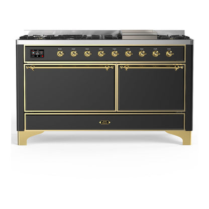 ILVE Majestic III 60-Inch Dual Fuel Range with 9 Sealed Burners + Griddle, 5.8 cu. ft. Oven, Matte Graphite with Brass Trim, Liquid Propane, Solid Door, UM60FQNR3MGGLP