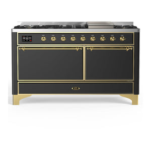 ILVE Majestic III 60-Inch Dual Fuel Range with 9 Sealed Burners + Griddle, 5.8 cu. ft. Oven, Matte Graphite with Brass Trim, Natural Gas, Solid Door, UM60FQNR3MGG