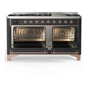 ILVE Majestic III 60-Inch Dual Fuel Range with 9 Sealed Burners + Griddle, 5.8 cu. ft. Oven, Matte Graphite with Copper Trim, Liquid Propane, Solid Door, UM60FQNR3MGPLP