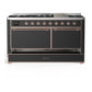 ILVE Majestic III 60-Inch Dual Fuel Range with 9 Sealed Burners + Griddle, 5.8 cu. ft. Oven, Matte Graphite with Copper Trim, Liquid Propane, Solid Door, UM60FQNR3MGPLP