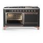 ILVE Majestic III 60-Inch Dual Fuel Range with 9 Sealed Burners + Griddle, 5.8 cu. ft. Oven, Matte Graphite with Copper Trim, Natural Gas, Solid Door, UM60FQNR3MGP