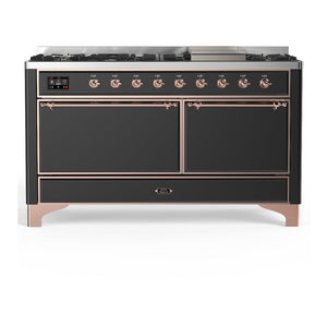 ILVE Majestic III 60-Inch Dual Fuel Range with 9 Sealed Burners + Griddle, 5.8 cu. ft. Oven, Matte Graphite with Copper Trim, Natural Gas, Solid Door, UM60FQNR3MGP