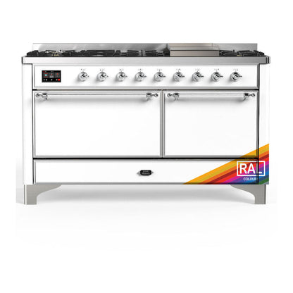 ILVE Majestic III 60-Inch Dual Fuel Range with 9 Sealed Burners + Griddle, 5.8 cu. ft. Oven, RAL with Chrome Trim, Natural Gas, Solid Door, UM60FQNR3RAC