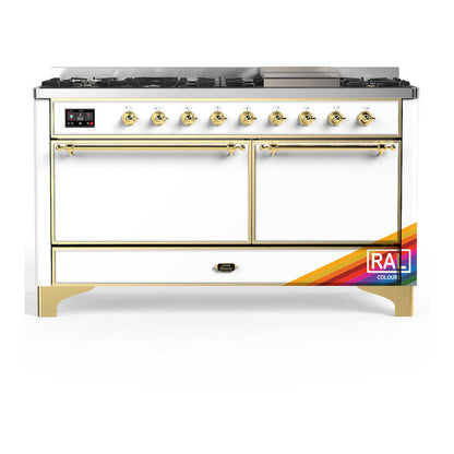 ILVE Majestic III 60-Inch Dual Fuel Range with 9 Sealed Burners + Griddle, 5.8 cu. ft. Oven, RAL with Brass Trim, Liquid Propane, Solid Door, UM60FQNR3RAGLP