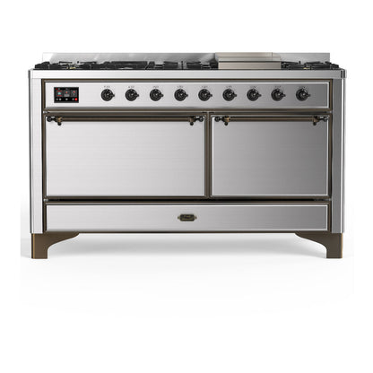 ILVE Majestic III 60-Inch Dual Fuel Range with 9 Sealed Burners + Griddle, 5.8 cu. ft. Oven, Stainless Steel with Burnished Trim, Liquid Propane, Solid Door, UM60FQNR3SSBLP