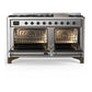 ILVE Majestic III 60-Inch Dual Fuel Range with 9 Sealed Burners + Griddle, 5.8 cu. ft. Oven, Stainless Steel with Burnished Trim, Natural Gas, Solid Door, UM60FQNR3SSB