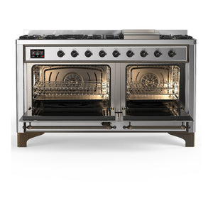 ILVE Majestic III 60-Inch Dual Fuel Range with 9 Sealed Burners + Griddle, 5.8 cu. ft. Oven, Stainless Steel with Burnished Trim, Natural Gas, Solid Door, UM60FQNR3SSB