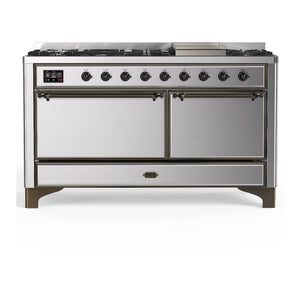 ILVE Majestic III 60-Inch Dual Fuel Range with 9 Sealed Burners + Griddle, 5.8 cu. ft. Oven, Stainless Steel with Burnished Trim, Natural Gas, Solid Door, UM60FQNR3SSB