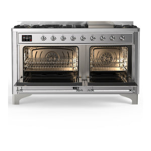 ILVE Majestic III 60-Inch Dual Fuel Range with 9 Sealed Burners + Griddle, 5.8 cu. ft. Oven, Stainless Steel with Chrome Trim, Natural Gas, Solid Door, UM60FQNR3SSC