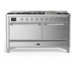 ILVE Majestic III 60-Inch Dual Fuel Range with 9 Sealed Burners + Griddle, 5.8 cu. ft. Oven, Stainless Steel with Chrome Trim, Natural Gas, Solid Door, UM60FQNR3SSC