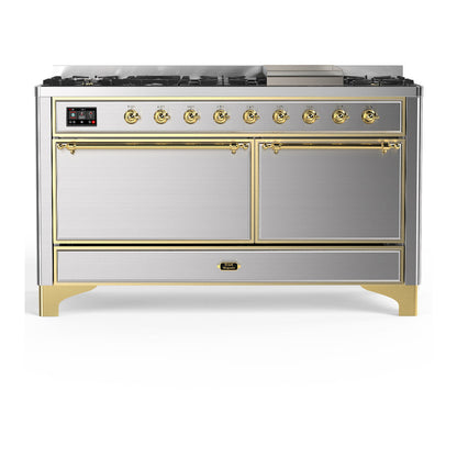 ILVE Majestic III 60-Inch Dual Fuel Range with 9 Sealed Burners + Griddle, 5.8 cu. ft. Oven, Stainless Steel with Brass Trim, Liquid Propane, Solid Door, UM60FQNR3SSGLP