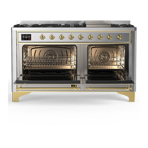 ILVE Majestic III 60-Inch Dual Fuel Range with 9 Sealed Burners + Griddle, 5.8 cu. ft. Oven, Stainless Steel with Brass Trim, Liquid Propane, Solid Door, UM60FQNR3SSGLP