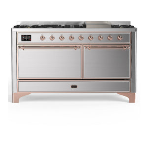 ILVE Majestic III 60-Inch Dual Fuel Range with 9 Sealed Burners + Griddle, 5.8 cu. ft. Oven, Stainless Steel with Copper Trim, Natural Gas, Solid Door, UM60FQNR3SSP