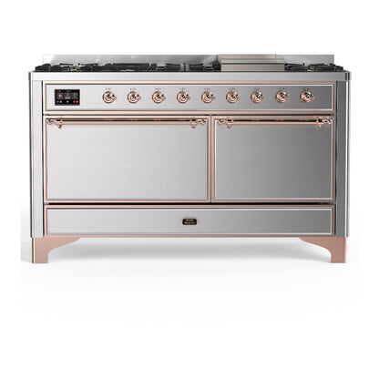 ILVE Majestic III 60-Inch Dual Fuel Range with 9 Sealed Burners + Griddle, 5.8 cu. ft. Oven, Stainless Steel with Copper Trim, Natural Gas, Solid Door, UM60FQNR3SSP