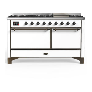 ILVE Majestic III 60-Inch Dual Fuel Range with 9 Sealed Burners + Griddle, 5.8 cu. ft. Oven, White with Burnished Trim, Liquid Propane, Solid Door, UM60FQNR3WHBLP