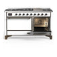 ILVE Majestic III 60-Inch Dual Fuel Range with 9 Sealed Burners + Griddle, 5.8 cu. ft. Oven, White with Burnished Trim, Natural Gas, Solid Door, UM60FQNR3WHB